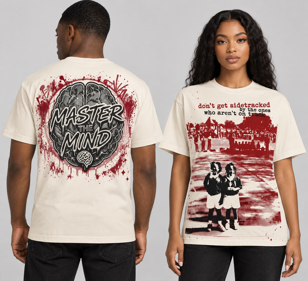 Cream Don't Get Sidetracked tee: Master the Mind brain graphic on the back and red-and-black artwork on the front