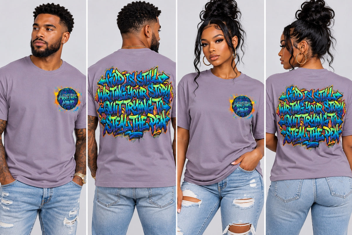 Front and back views of the lavender God is Still graphic tee on male and female models